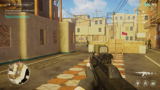 Video Game Mock-up Concept: Game play 3D Shooter Online Multiplayer Battle. Fun FPS for Pro Gamers. POV Person Playing, Shooting Enemies, Scoring Kills. Online Tournament Cyber Championship