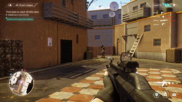 istock Video Game Mock-up Concept: Game play 3D Shooter Online Multiplayer Battle. Fun Tactical FPS for Pro Gamers. Person Playing, Shooting Enemies, Scoring Kills. Win Online Tournament Cyber Championship 1479353534