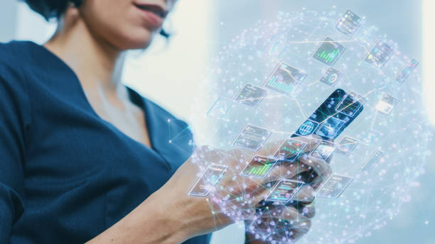 Virtual Connection Visualization Concept: Close-up of the Anonymous Businesswoman Using Smartphone. Infographics Show Productivity, Economics, e-Commerce, Finance, Statistics Graphs, Stock Market Data