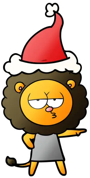 Vector illustration of hand drawn gradient cartoon of a bored lion wearing santa hat