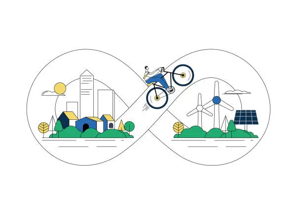 Vector illustration of Figure eight cycle symbol and urban environment. Environmental protection concept illustration.