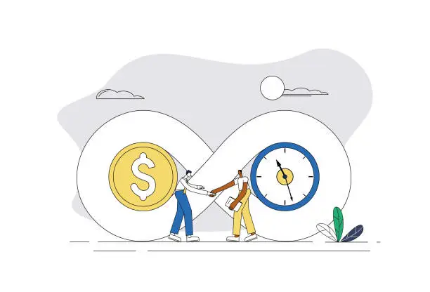 Vector illustration of Long-term business cooperation, dollar and time transactions.