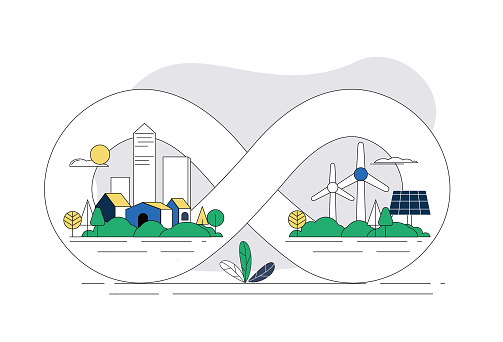 City and sustainable energy, figure eight recycle symbol. Environmental protection concept illustration.