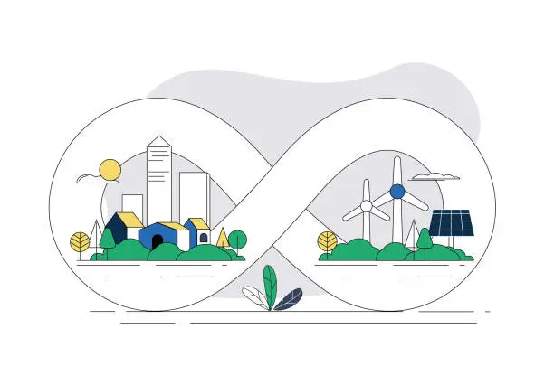 Vector illustration of City and sustainable energy, figure eight recycle symbol. Environmental protection concept illustration.