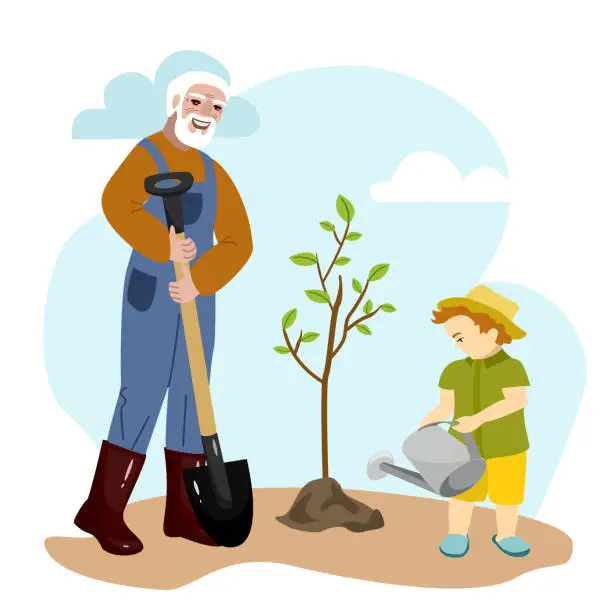 Vector illustration of Happy grandfather and his grandson Planting Tree Together.