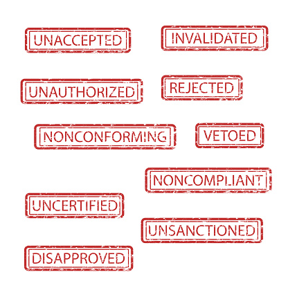Rubber stamps of rejection and cancelled collection. Vector illustration. Disapproved stamps, retro grunge texture, red ink concept, bureaucracy typography, administrative marks, cancelled collection