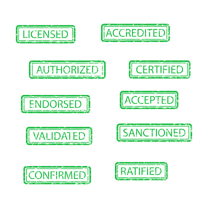 Rubber stamp affirmative accepted licensed and confirmed ratified. Vecor illustration. Green ink, right mark, okay assent, validaiting sign, verefying signing, ratitfication rubber stamp