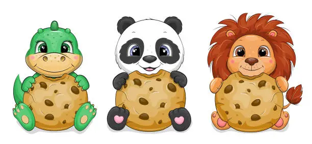 Vector illustration of Set of cute cartoon animals with cookies.