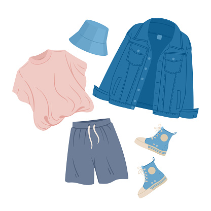 Casual fashion outfit. Denim jacket, shirt and shorts. Modern outfit and sneakers flat vector illustration