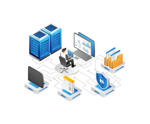 illustrazioni stock, clip art, cartoni animati e icone di tendenza di concetto isometrico del data center con illustrazione vettoriale dei simboli della sala server e del cloud computing - data center network server storage room