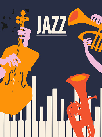 International jazz day event celebration poster with musical instruments. Flat style vector banner with violoncello, trumpet, piano and euphonium. Hand drawn artsy design for promo flyer or invitation