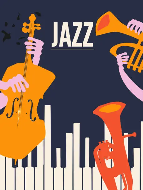 Vector illustration of International jazz day event celebration poster with musical instruments. Flat style vector banner with violoncello, trumpet, piano and euphonium. Hand drawn artsy design for promo flyer or invitation