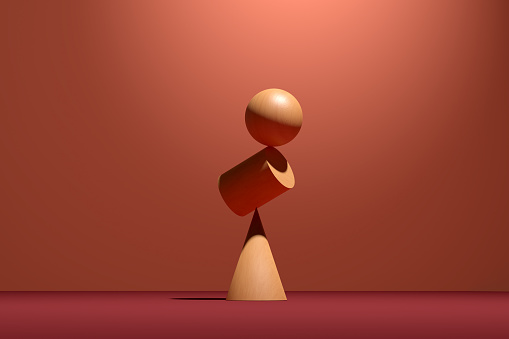 Wooden sphere and a cylinder balancing on a cone. Concept of balance, harmony or stability. Abstract geometrical shapes. 3D render art.