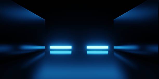 3d rendering of blue neon glowing spaceship corridor hallway background. Scene for advertising, technology, showroom, banner, game, sport, business, metaverse. Sci-Fi Illustration. Product display representación 3d del fondo del pasillo del pasillo de la nave espacial brillante de neón azul. escena para publicidad, tecnología, showroom, banner, juego, deporte, negocios, metaverso. ilustración de ciencia ficción. exhibición de productos