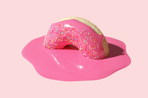 Pink donut melting on a pink background. Creative food concept. 3D rendering.
