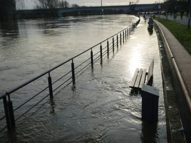 High water of Main river floods the riverwalk in Frankfurt Hoechst on 2021-02-04