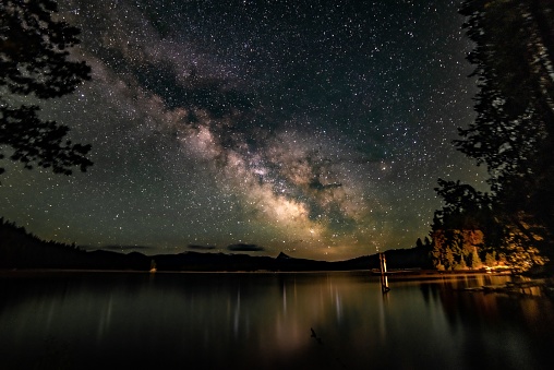 A stunning nightscape of a lake is illuminated by the bright light of the Milky Way, creating a magical atmosphere