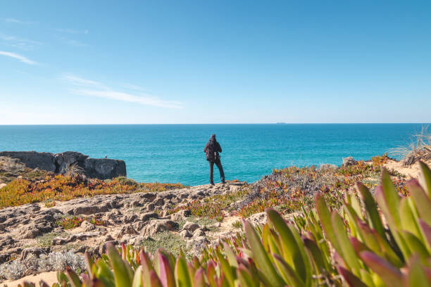 istock Passionate young backpacker tracks rocky cliffs on the Atlantic coast near Vila Nova de Milfontes, Odemira, Portugal. In the footsteps of Rota Vicentina. Fisherman trail 1479363117