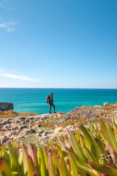 Passionate young backpacker tracks rocky cliffs on the Atlantic coast near Vila Nova de Milfontes, Odemira, Portugal. In the footsteps of Rota Vicentina. Fisherman trail