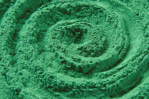 Chlorella or spirulina algae green powder is spinning, rotation. Dietary supplement to improve health. Seaweed superfood. Healthy food background. Vitamins and minerals to diet. Detox. Close up video