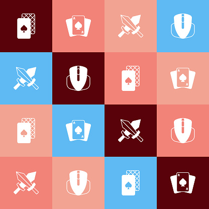 Set pop art Playing cards Sword for game and Computer mouse icon. Vector.