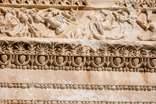Close-up of a pattern at the Temple of Hadrian at the Ephesus archaeological site in Turkey.