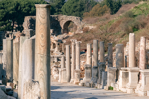 Old ruined columns in the Ephesus Outdoor Museum in Turkey.