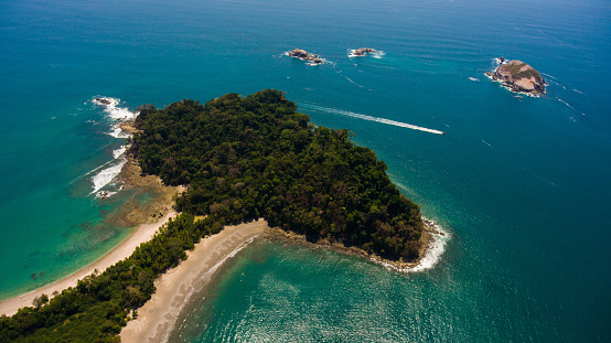 A drone shot of the National park Manuel Antonio, Costa Rica