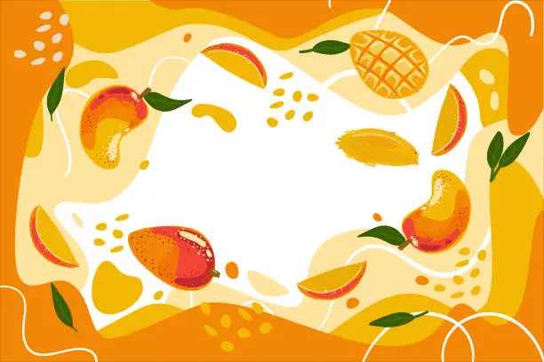 Vector illustration of Vector frame with various mango doodles and abstract elements. Hand illustrations. Vector background