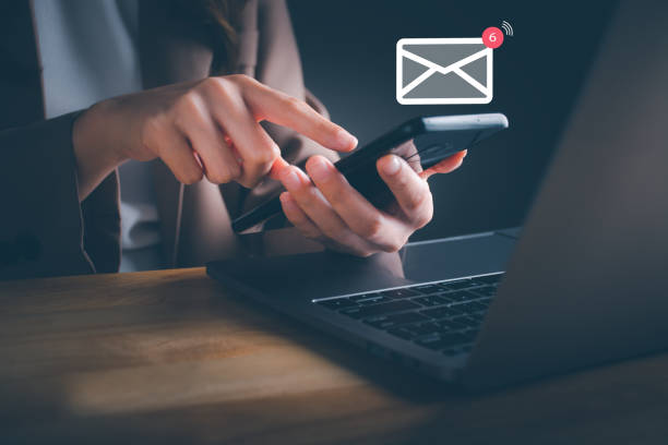 istock Business e-mail communication and digital marketing. Inbox receiving electronic message alert. businesswoman touch on email in virtual screen. internet technology. New email notification concept. 1479371815