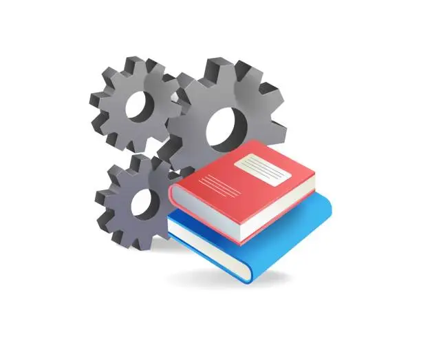 Vector illustration of books and gears on a white background. Isolated vector illustration.