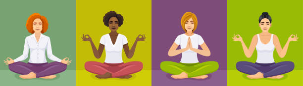многонациональная группа женщин, медитирующих. гармония жизни. йога-медитация. - yoga women emotional stress praying stock illustrations