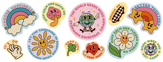 1970 Sticker Pack. Groovy Cartoon Rainbow, Daisy, Mushroom, Heart, Sun, Disko Ball, Earth on Skateboard, Stars with inspirational Slogan. Hippie Retro Character style. Isolated Vector illustration.