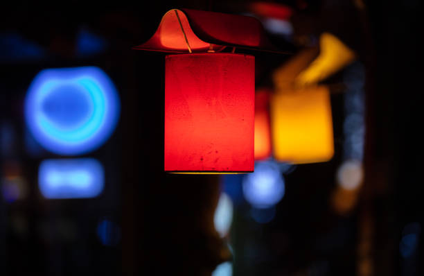 Red-Yellow street lights stock photo.