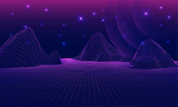 istock Digital metaverse landscape vector illustrations with mountains, blue sky, stars and waves in background. Concept of futuristic world. 1479373423