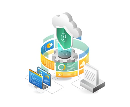 Concept 3d isometric illustration of cloud server security endpoint analysis screen