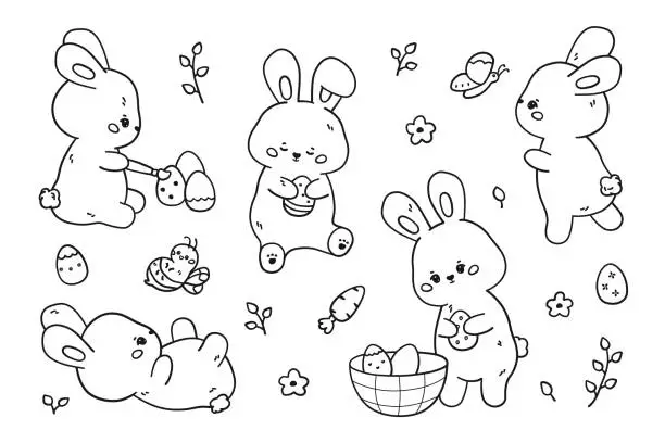 Vector illustration of Easter bunny in linear and kawaii style.