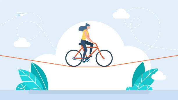 ilustrações de stock, clip art, desenhos animados e ícones de businesswoman is riding a bicycle on rope. acrobat, performer, challenge concept. young woman acrobat circus artist riding on bike on rope over blue sky. confidence skill success. vector illustration - unicycling unicycle cartoon balance