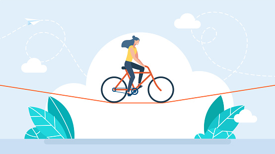 Businesswoman is riding a bicycle on rope. Acrobat, performer, challenge concept. Young woman acrobat circus artist riding on bike on rope over blue sky. Confidence skill success. Vector illustration