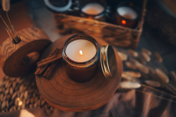 istock Burning candle in home interior, aesthetics 1479375499