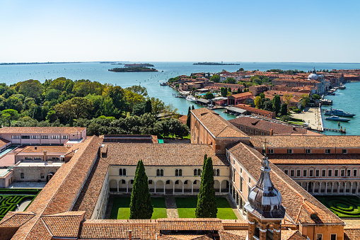 Beautiful aerial view of San Giorgio Island and Giudecca Island from the bell tower of the basilica of San Giorgio Maggiore, Venice, Italy