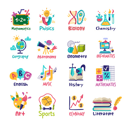Science symbols. Logotype for lessons mathematics, chemistry, geography recent vector templates. Illustration of mathematics and physics, biology and chemistry, geography and astronomy