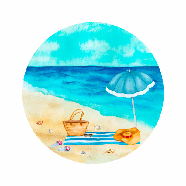 istock Summer beach vacation. Watercolor background. Composition on the seashore with an umbrella, a wicker bag on a towel, sunglasses and a hat. 1479377297