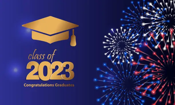 Vector illustration of Graduate's hat, gold. Graduation party, graduation greetings 2023