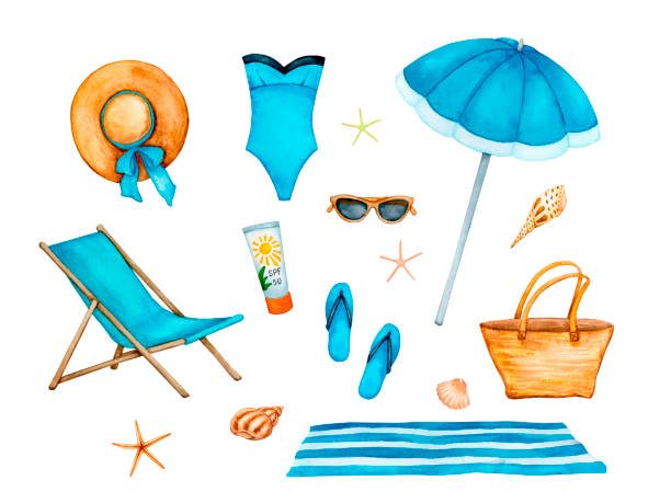 istock A large set of elements for a beach holiday. Chaise longue, bikini, sunscreen, seashells and other watercolor illustrations isolated on a white background. 1479377400