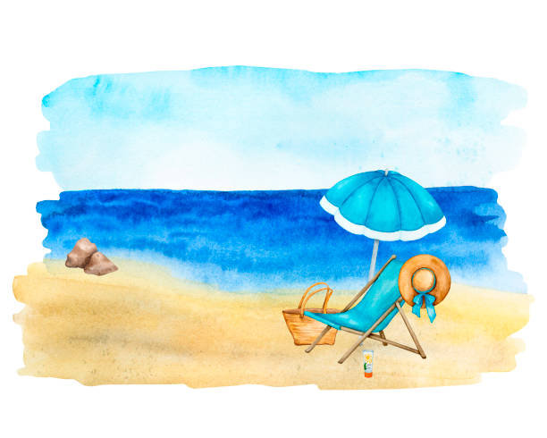 istock Summer beach vacation. Watercolor background. Composition on the seashore with sun lounger, umbrella, wicker bag and hat. 1479377410
