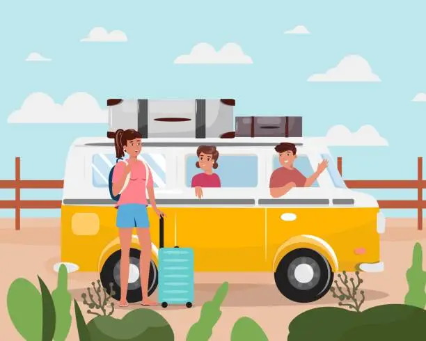 Vector illustration of Group of happy young people going for the road trip with a minivan.