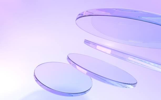 istock Flying crystal or glass disks on purple abstract geometric background 3d render. Iridescent transparent plates, circle panels with flare and light refraction from prism, wallpaper 1479377728