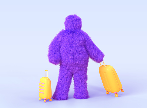 Yeti tourist with yellow suitcases 3d render. Cartoon character in purple furry costume, hairy monster traveler with luggage isolated on background. Concept of summer travel, vacation. 3D illustration
