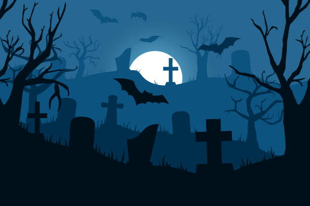 illustrazioni stock, clip art, cartoni animati e icone di tendenza di sfondo spettrale del cimitero. notte di halloween. colline comiche e raccapriccianti con zucche. paesaggio spaventoso. lapidi cimiteriali. pipistrelli volanti. siluette di alberi. illustrazione sgargiante del fumetto vettoriale - crypt